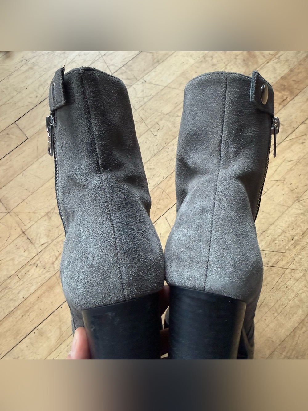 ALL SAINTS Grey Suede Lug Sole Zip Up Stacked Heel Moto Ankle Booties Ana 39 - Picture 6 of 12